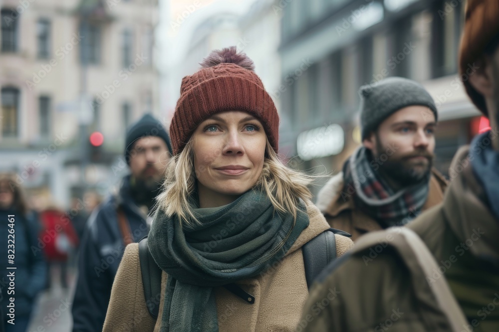 Portrait of a beautiful girl in a hat and scarf on the street Portrait of a beautiful girl in a hat and scarf on the street