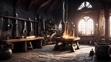 ฺBlacksmith's room for forging weapons and armor in a fantasy world.