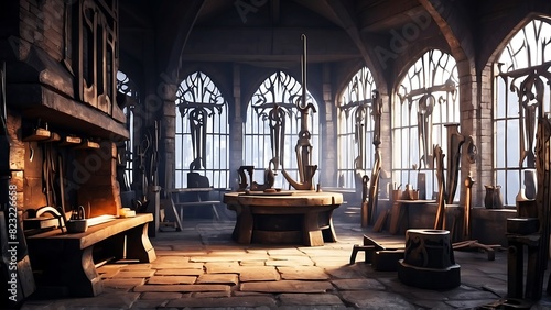 ฺBlacksmith's room for forging weapons and armor in a fantasy world. photo