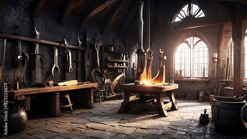 ฺBlacksmith's room for forging weapons and armor in a fantasy world.