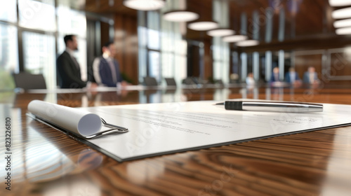 Wallpaper Mural A contract document and pen lie on a wooden conference table in a modern office, while blurred business professionals hold a meeting in the background Torontodigital.ca