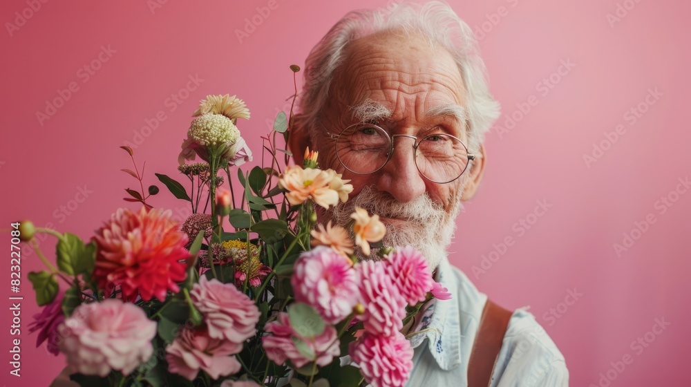 Portrait of an elderly man wearing glasses and a hat, holding a bouquet of flowers against a pink background. A serene and thoughtful expression. Romantic summer concept. Portrait of an elderly man wearing glasses and a hat, holding a bouquet of flowers against a pink background. A serene and thoughtful expression. Romantic summer concept.