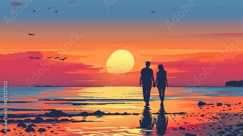 A Couple Walking Hand In Hand Along The Shore At Sunset, Cartoon ,Flat color © Moon Art Pic