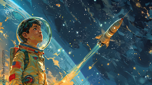 Illustration of a young astronaut exploring the cosmos, with a galaxy and planets