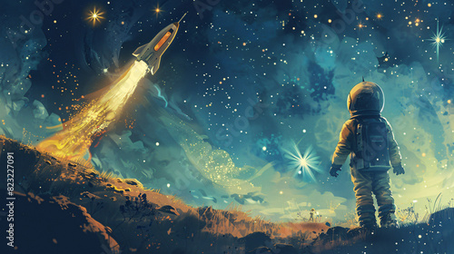 Wallpaper Mural Illustration of a young astronaut exploring the cosmos, with a galaxy and planets Torontodigital.ca