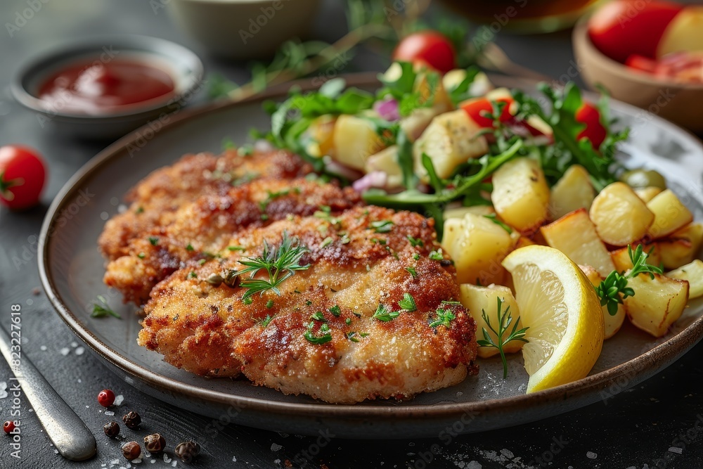 Schnitzel - Breaded and fried pork or veal cutlet with lemon wedges and potato salad. Schnitzel - Breaded and fried pork or veal cutlet with lemon wedges and potato salad.