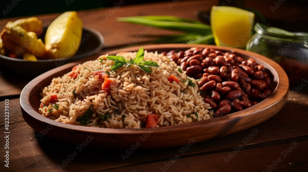 Delicious Jamaican rice and peas served on a platter Delicious Jamaican rice and peas served on a platter