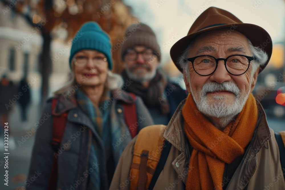 Portrait of a senior man walking in the city with his friends Portrait of a senior man walking in the city with his friends