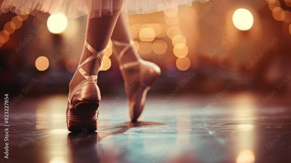 Close-up of a ballet dancer's feet on pointe shoes, gracefully gliding across the stage Close-up of a ballet dancer's feet on pointe shoes, gracefully gliding across the stage