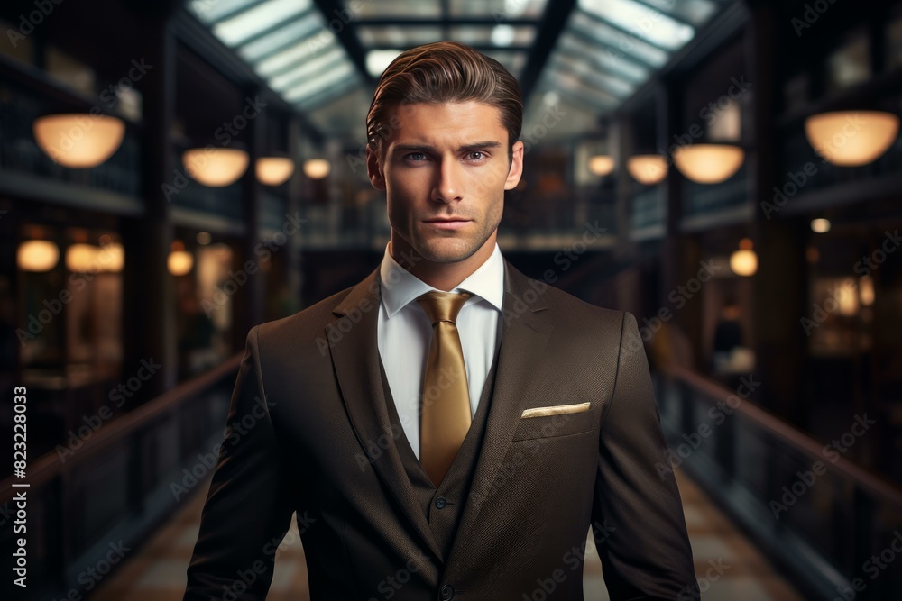 Professional man in a sleek suit poses with poise in a contemporary office hallway Professional man in a sleek suit poses with poise in a contemporary office hallway