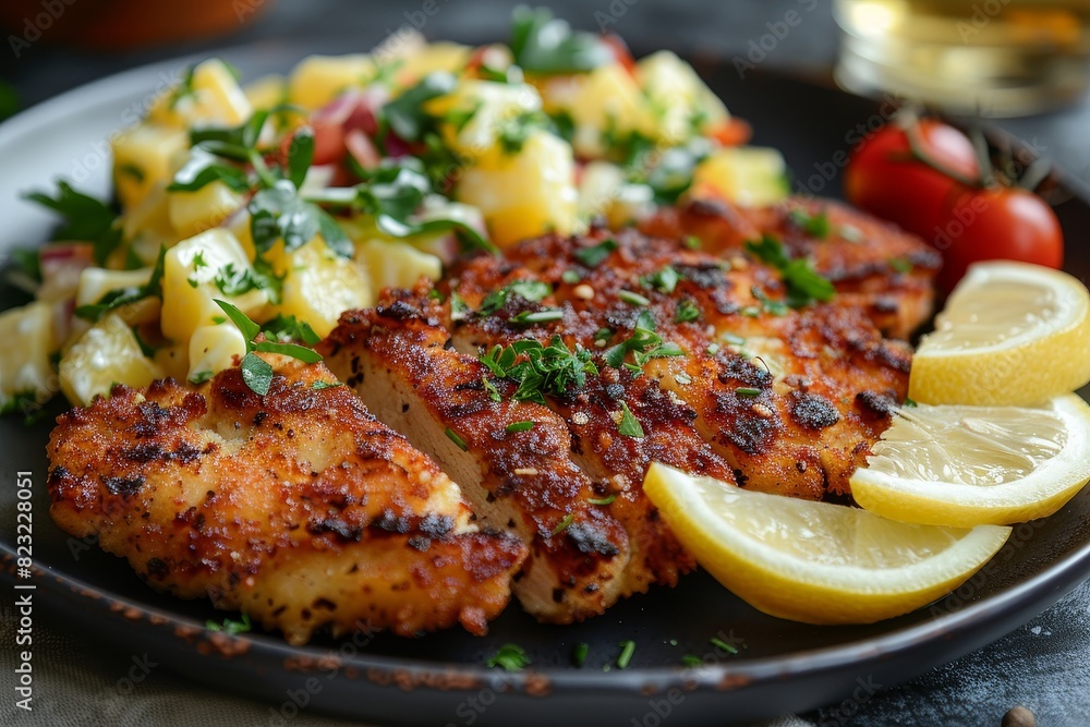 Schnitzel - Breaded and fried pork or veal cutlet with lemon wedges and potato salad. Schnitzel - Breaded and fried pork or veal cutlet with lemon wedges and potato salad.