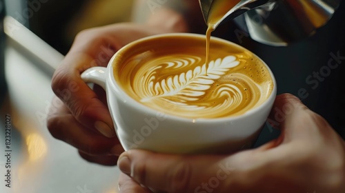 Close-up of a barista's hands pouring latte art into a cup of freshly brewed coffee