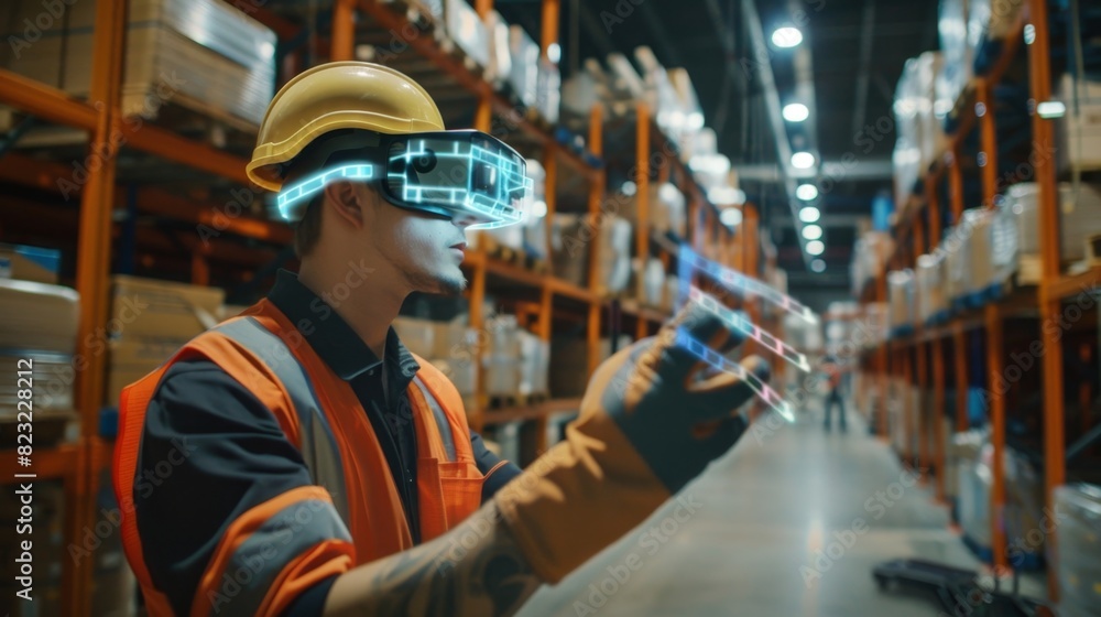 A worker using augmented reality to track inventory and restock materials on the production floor streamlining the supply chain process.