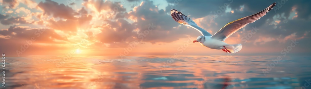 Fototapeta premium A seagull soars above the ocean at sunset. The sky is ablaze with color, and the water is calm and still. The seagull is a symbol of freedom and hope.