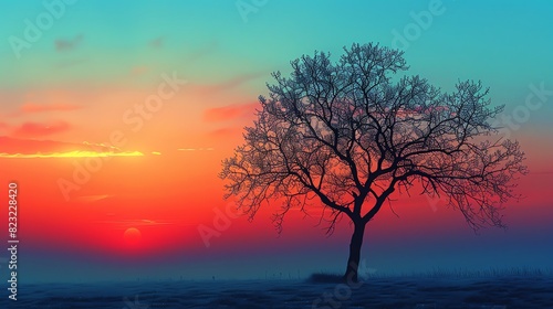 A beautiful sunset with vibrant colors and a lonely tree in the foreground.