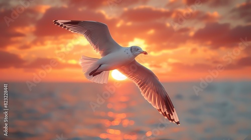 A majestic seagull soars through the sky above the ocean