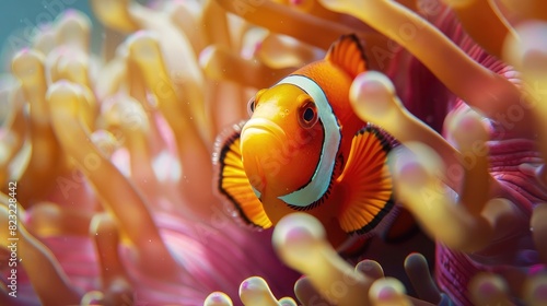 Close-up of a clownfish peeking out from the protective tentacles of a sea anemone
