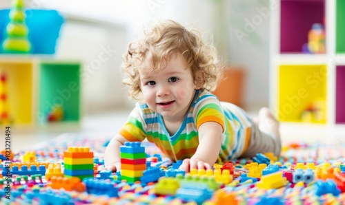 Little kid playing with colorful building blocks