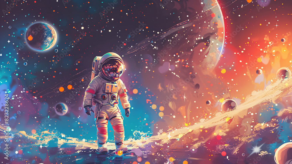 Naklejka premium Sketch of a child in a spacesuit floating in outer space, surrounded by stars and planets