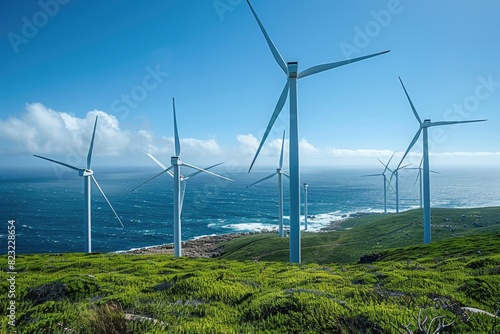 On the mountaintop by the seaside, a huge wind turbine