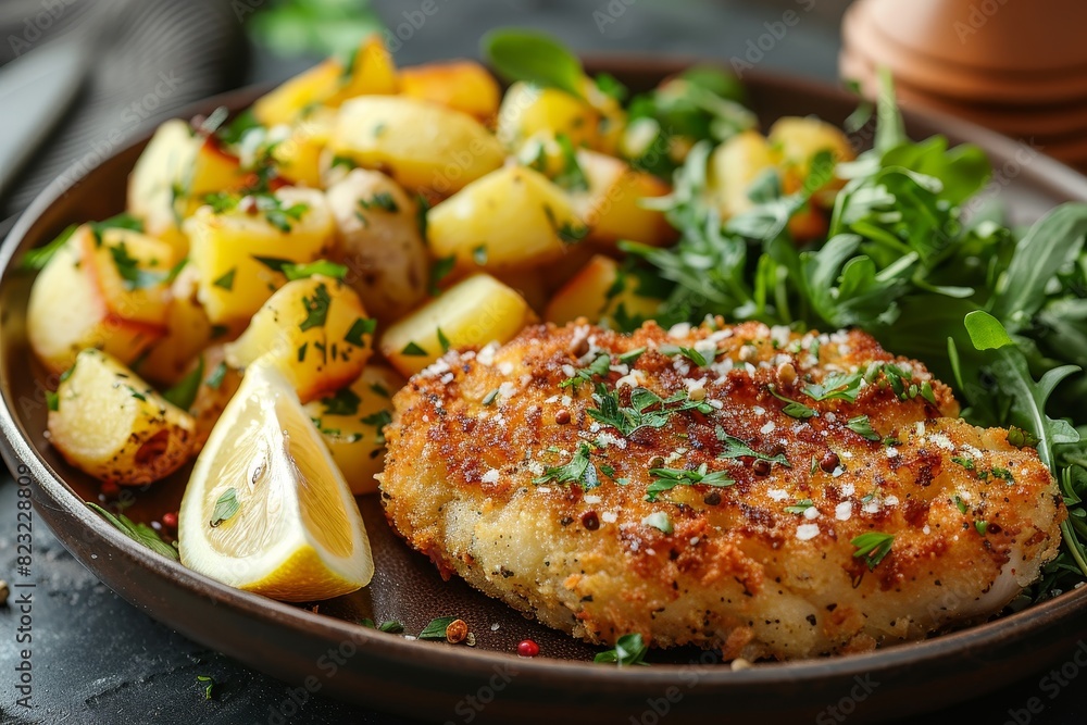 Schnitzel - Breaded and fried pork or veal cutlet with lemon wedges and potato salad. Schnitzel - Breaded and fried pork or veal cutlet with lemon wedges and potato salad.
