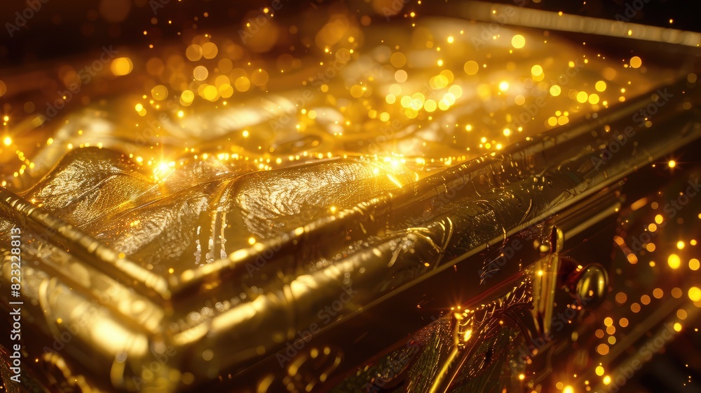 Close-up of a golden chest with a glowing aura, radiating magical energy and mystical allure