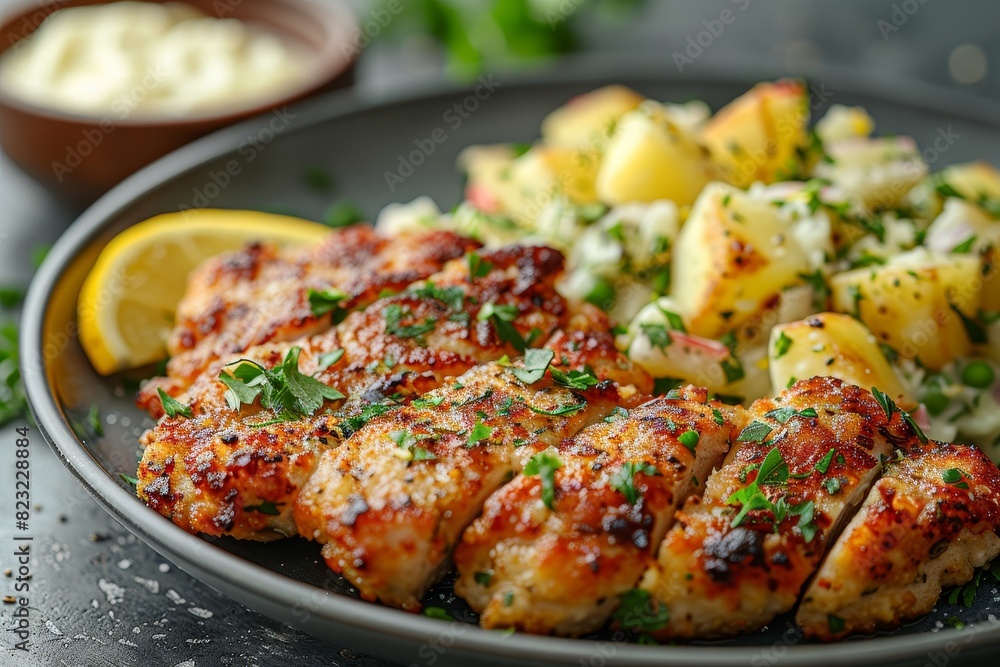Schnitzel - Breaded and fried pork or veal cutlet with lemon wedges and potato salad. Schnitzel - Breaded and fried pork or veal cutlet with lemon wedges and potato salad.