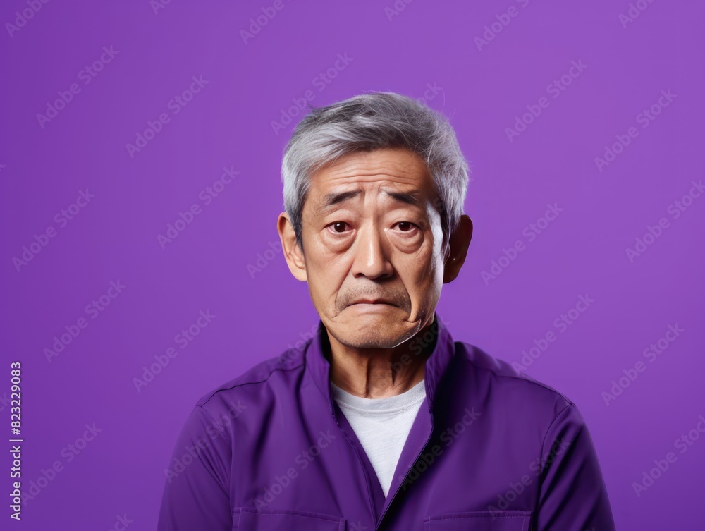 Purple background sad Asian man. Portrait of older mid-aged person beautiful bad mood expression boy Isolated on Background depression anxiety fear burn out health issue