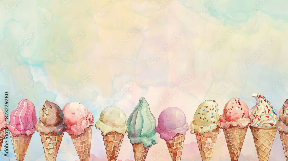 Ice cream cones border frame on colorful background, watercolor painting