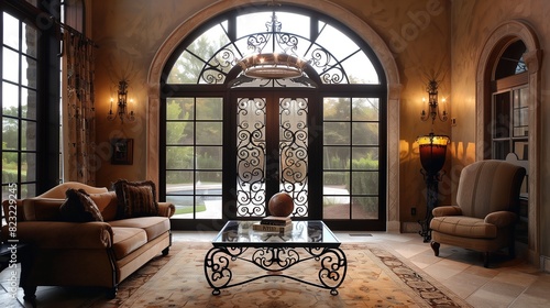 A grand arched window with intricate ironwork, reminiscent of old-world elegance and grandeur, making a statement in any room.  photo