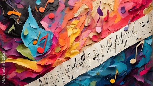 Colorful notes on a long, narrow, abstract musical background, “Colorful Abstract Music Background with Notes and Sheet Music”