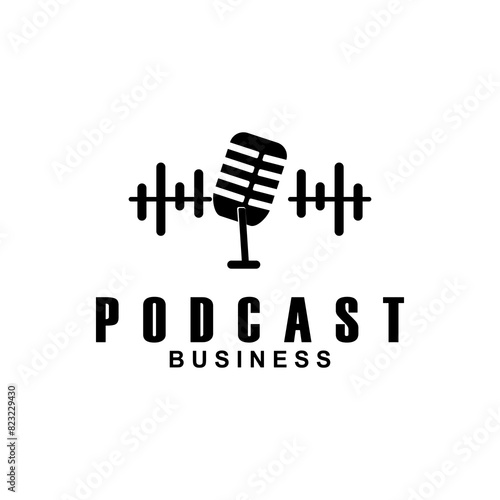 Podcast with microphone. Unique business podcast logo emblem design template.