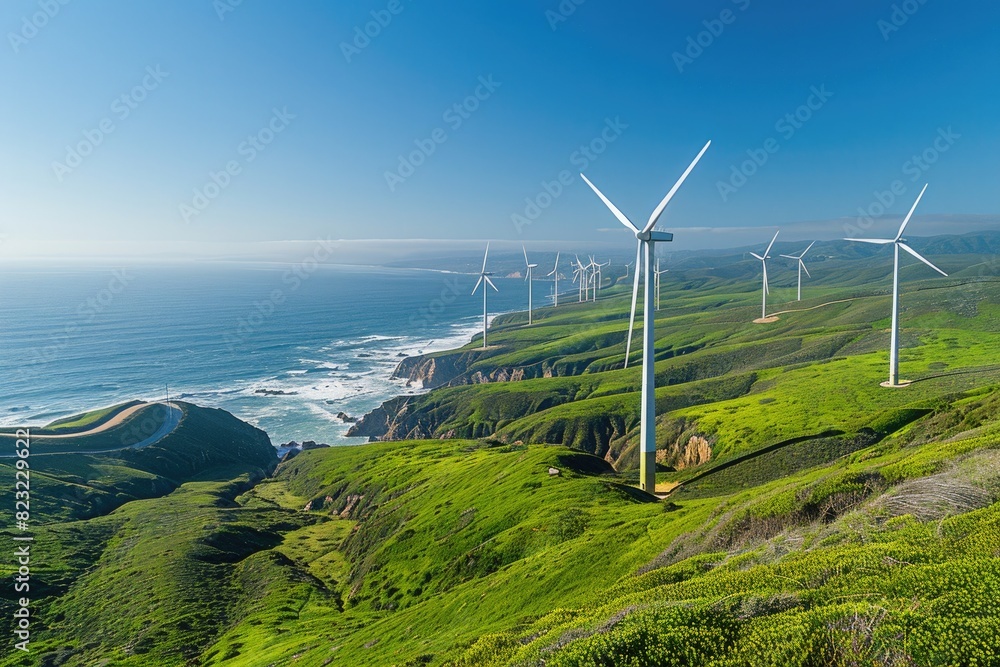 On the mountaintop by the seaside, a huge wind turbine On the mountaintop by the seaside, a huge wind turbine