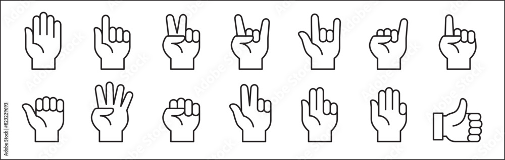 Hand finger signs set. Hands gesture icon set. Hands fingers symbol. included icons as palm, fist, bull, index, pinky, thumb up, counting and peace. Vector stock illustration in line style. Hand finger signs set. Hands gesture icon set. Hands fingers symbol. included icons as palm, fist, bull, index, pinky, thumb up, counting and peace. Vector stock illustration in line style.