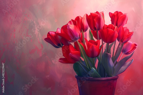Vibrant Red Tulips in a Pot under Dreamy Pink Light 