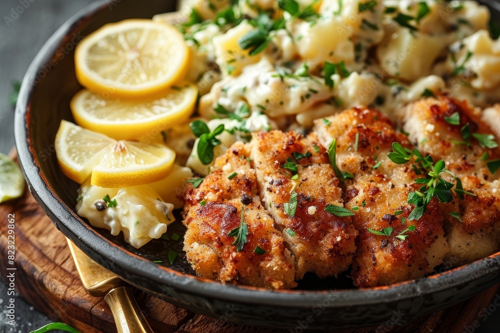 Schnitzel - Breaded and fried pork or veal cutlet with lemon wedges and potato salad. Schnitzel - Breaded and fried pork or veal cutlet with lemon wedges and potato salad.