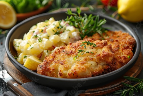 Schnitzel - Breaded and fried pork or veal cutlet with lemon wedges and potato salad. 