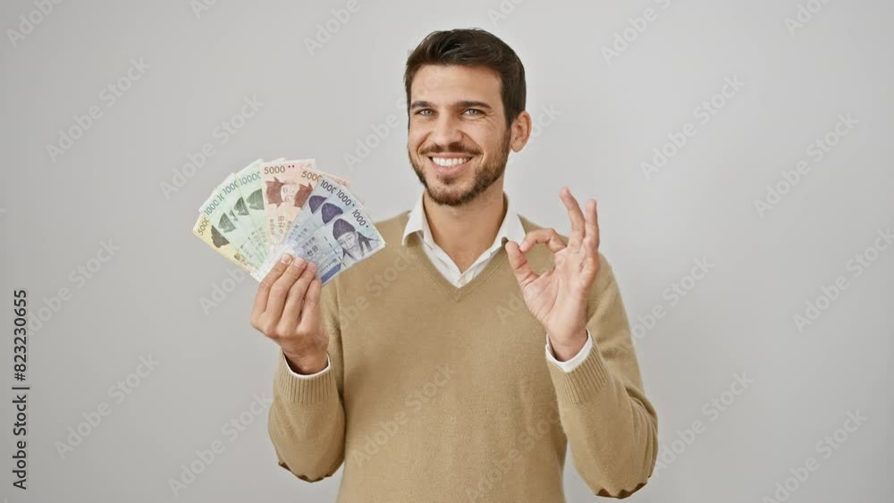 Smiling young hispanic man holding south korea won banknotes joyfully flashes an excellent 'ok' sign with fingers. friendly gesture on isolated white background for business success Smiling young hispanic man holding south korea won banknotes joyfully flashes an excellent 'ok' sign with fingers. friendly gesture on isolated white background for business success
