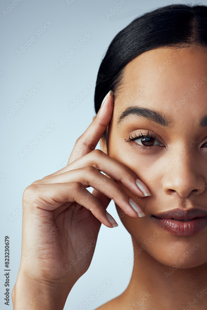 Beauty, half portrait and skincare with woman in studio on gray background for aesthetic wellness. Cosmetics, dermatology and face of confident model touching skin for satisfaction or treatment Beauty, half portrait and skincare with woman in studio on gray background for aesthetic wellness. Cosmetics, dermatology and face of confident model touching skin for satisfaction or treatment