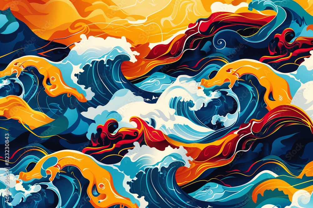 Vibrant vector pattern of abstract surfing waves, with energetic curve lines capturing the wild spirit of the ocean 