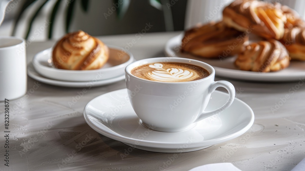 coffee cup and saucer on a cafe table with a plate of pastries in the background coffee cup and saucer on a cafe table with a plate of pastries in the background