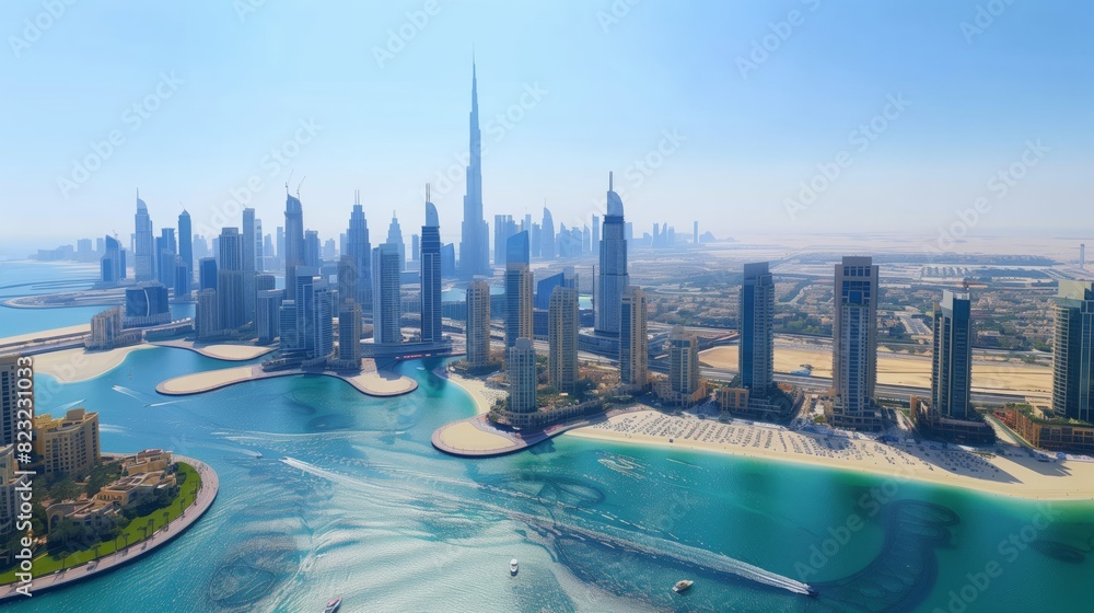 Fototapeta premium Skyline, with luxurious skyscrapers and man-made islands, glistens under the desert sun.