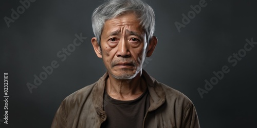 Silver background sad Asian man. Portrait of older mid-aged person beautiful bad mood expression boy Isolated on Background depression anxiety fear burn out health © Zickert