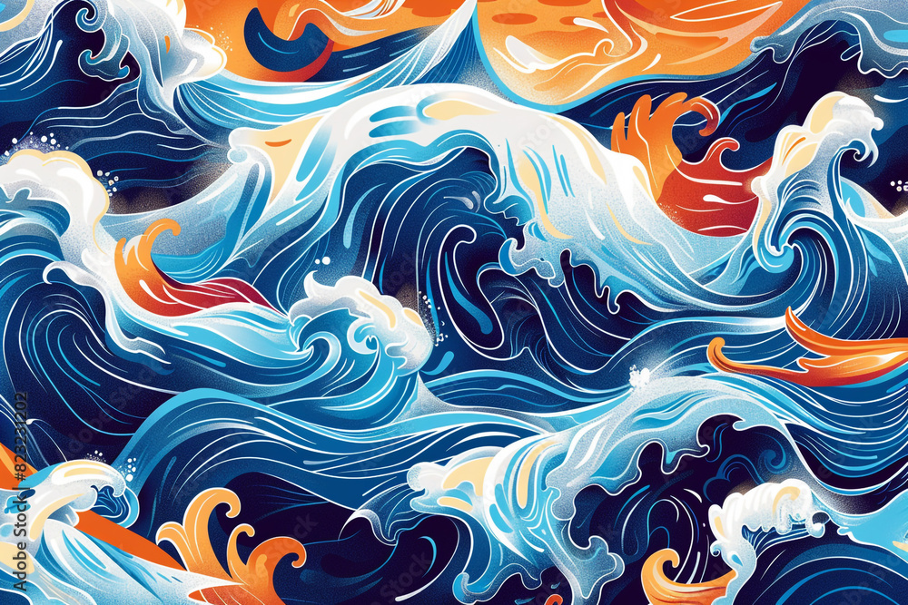 Vibrant vector pattern of abstract surfing waves, with energetic curve lines capturing the wild spirit of the ocean 