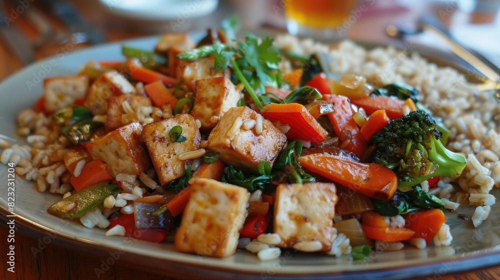 Colorful vegetable stir-fry served with tofu and brown rice, a delicious and nutritious meal Colorful vegetable stir-fry served with tofu and brown rice, a delicious and nutritious meal