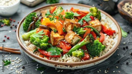 Colorful vegetable stir-fry served with tofu and brown rice, a delicious and nutritious meal