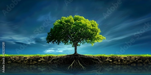 Trees withstand storms due to their deep roots providing stability and support. Concept Nature, Trees, Stability, Support, Resilience
