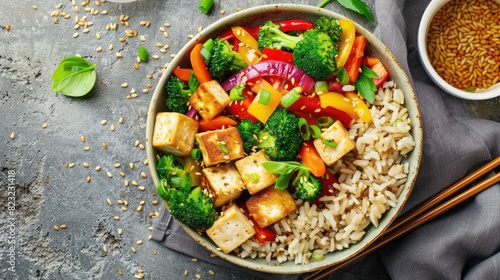 Colorful vegetable stir-fry served with tofu and brown rice  a delicious and nutritious meal