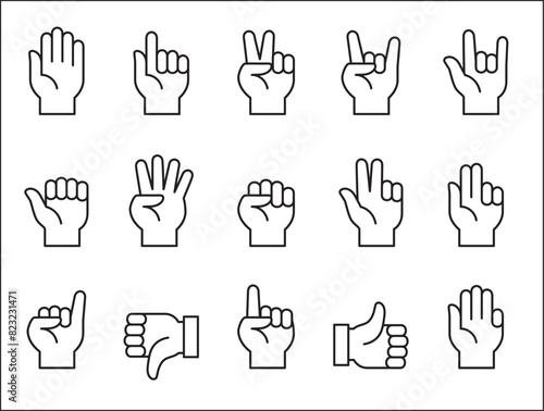 Hands gesture icon set. Hand finger signs set. Hands fingers symbol. included icons as palm, fist, bull, index, pinky, thumb up, counting and peace. Vector stock illustration in line style.