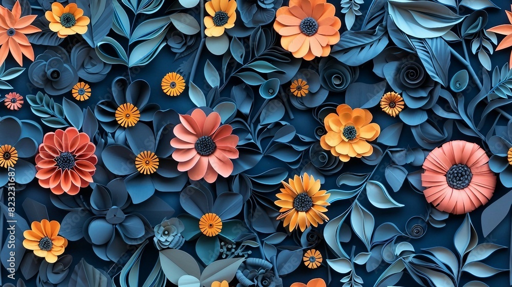 Seamless pattern featuring 3D Indigo and Coral Marigold florals, resembling a paper quill design.
Seamless pattern featuring 3D Indigo and Coral Marigold florals, resembling a paper quill design.